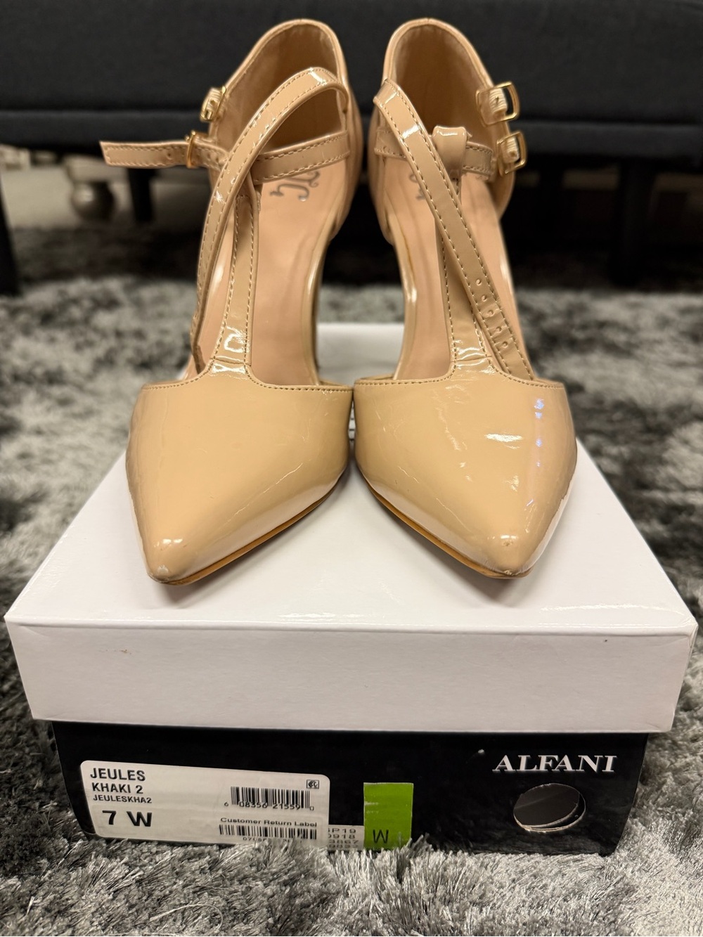 Alfani Jeules Patent Pointed-Toe T-Strap Pump in Khaki Patent